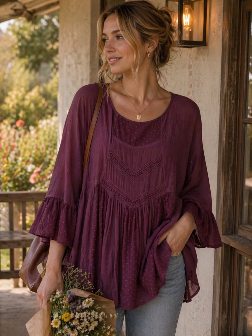 Indigo Soul Plum Boho Tunic • Flowy Romantic Blouse • Cottagecore Bell Sleeve